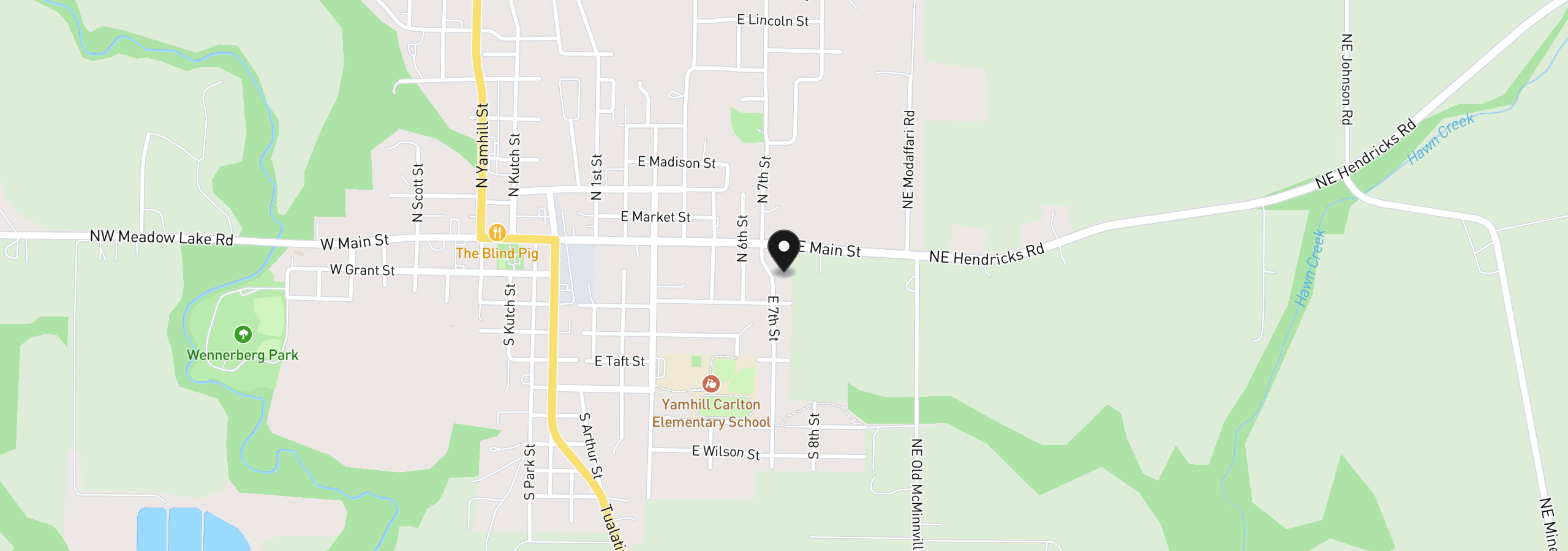 Map showing the location of 138 S 7th St, Carlton, OR 97111