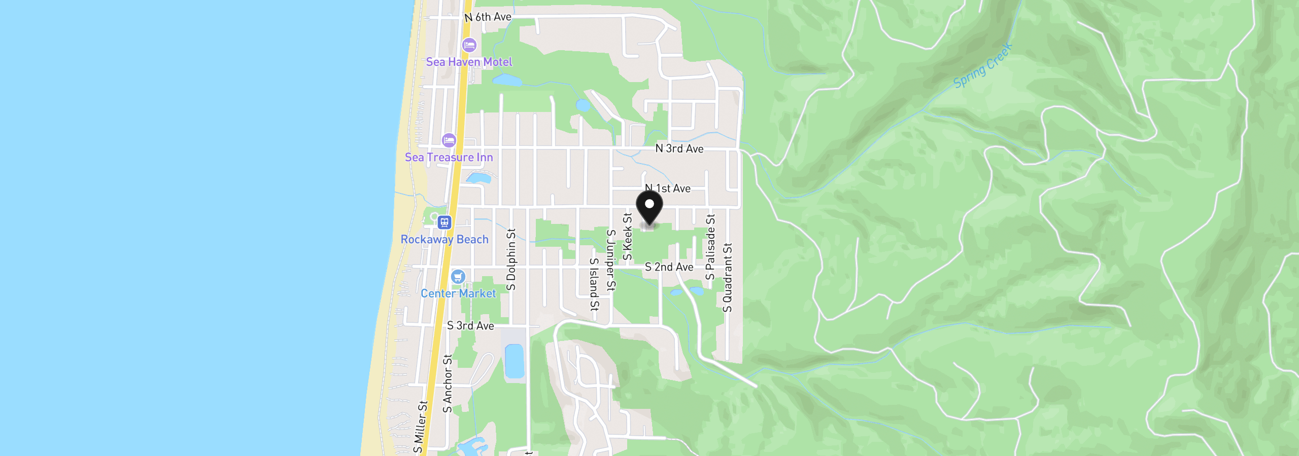 Map showing the location of 140 S Lagoon St, Rockaway Beach, OR 97136