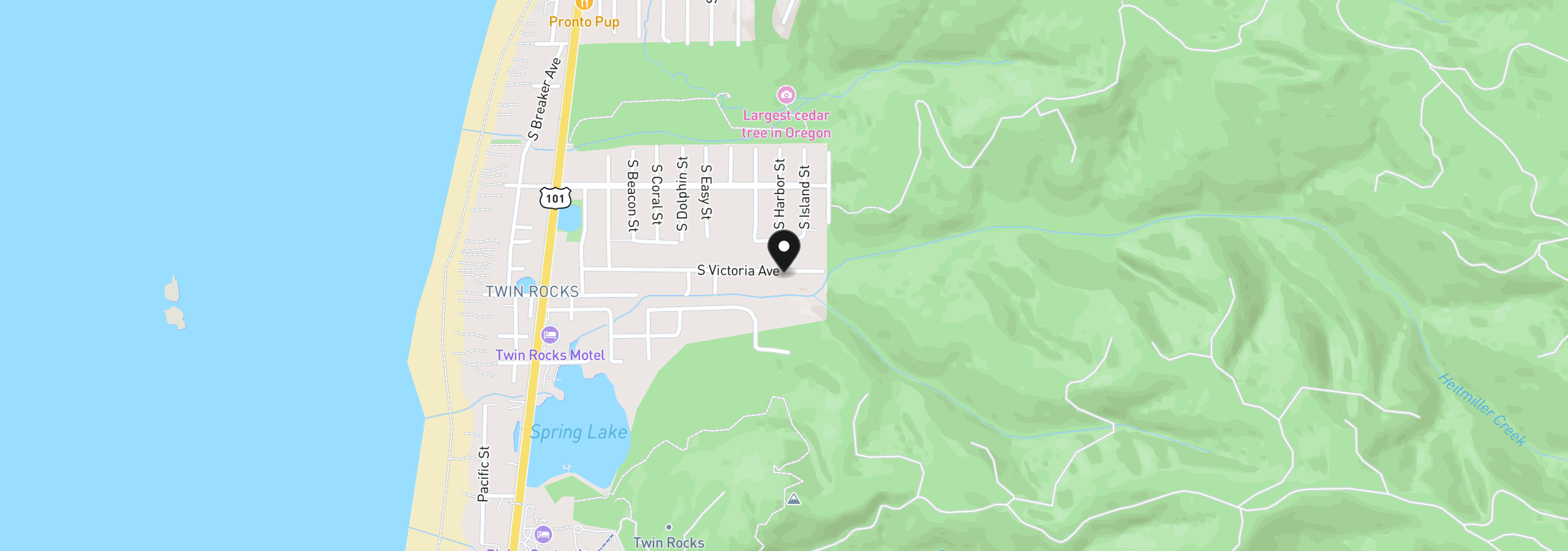 Map showing the location of 8815 Victoria St, Rockaway Beach, OR 97136