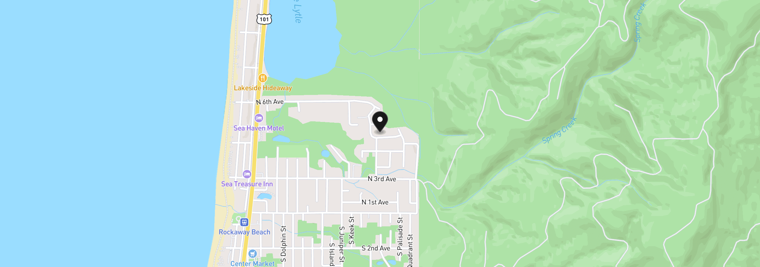 Map showing the location of 1401 Cedar Creek Cirlcle Cir, Rockaway Beach, OR 97136