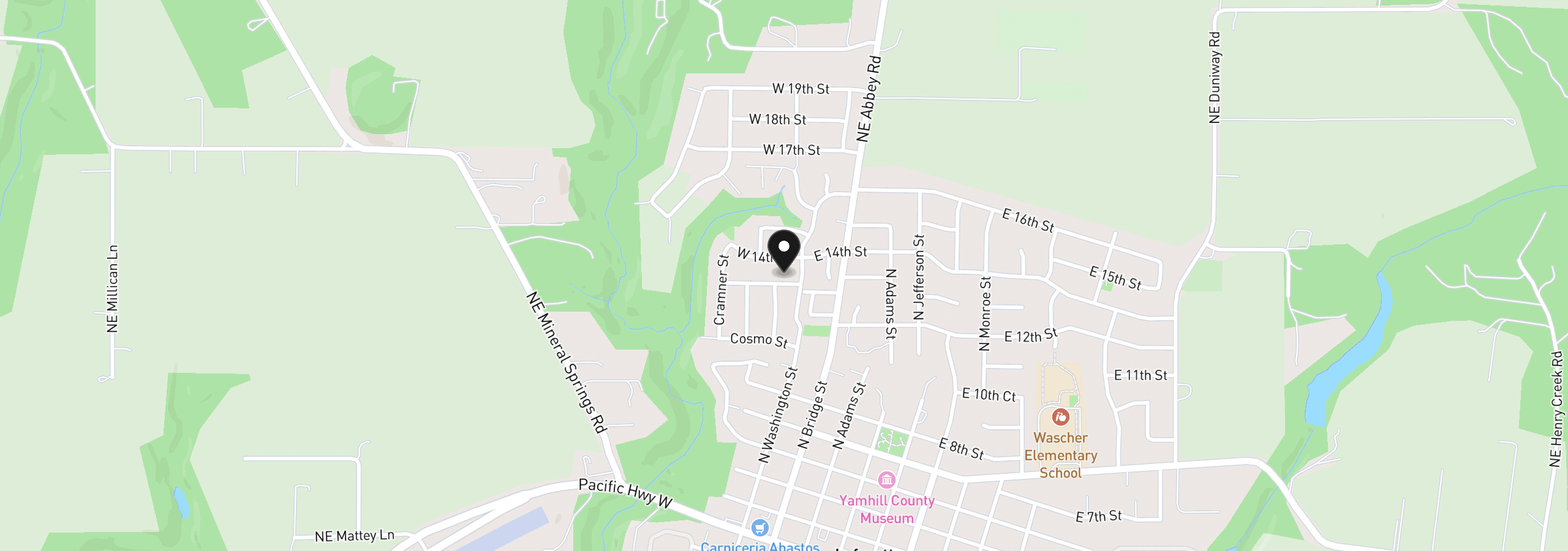 Map showing the location of 140 W 13th St, Lafayette, OR 97127