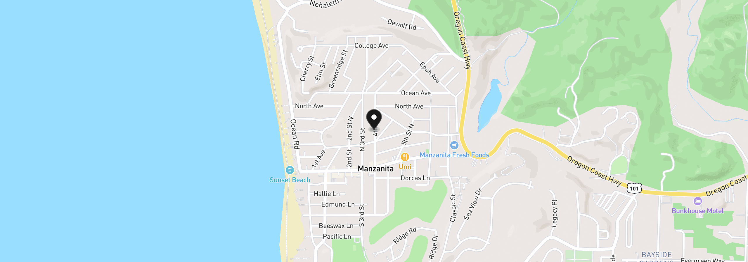 Map showing the location of 385 N 4th St, Manzanita, OR 97130