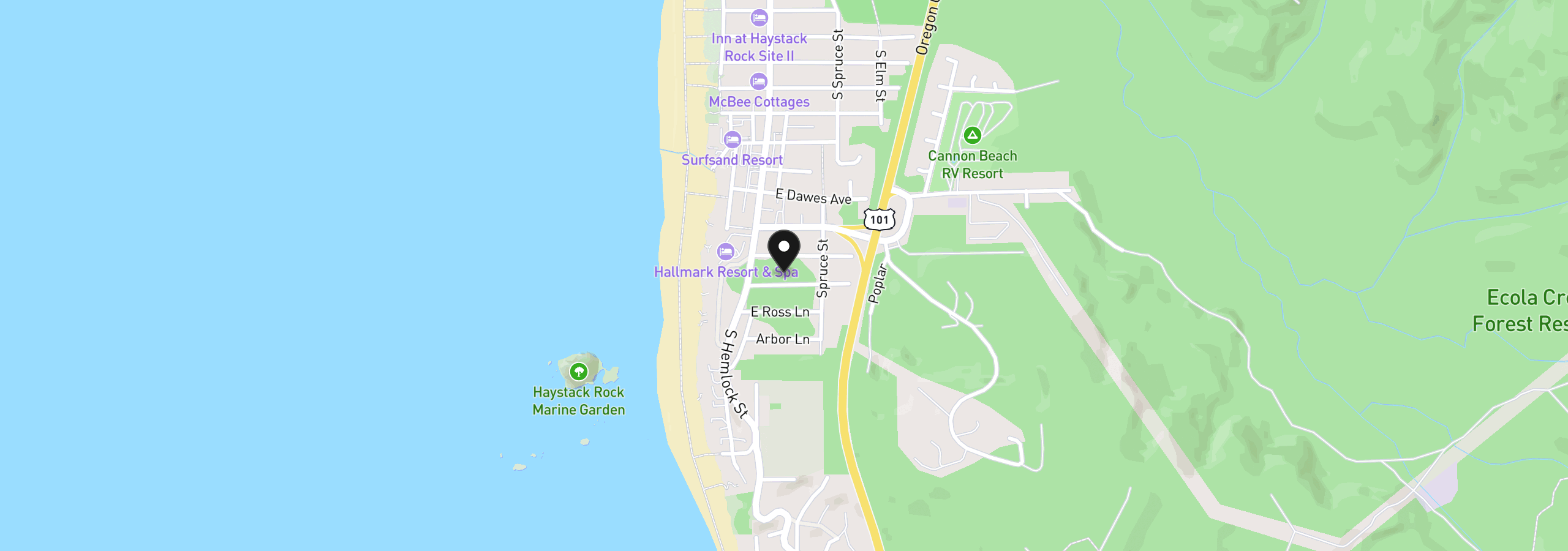Map showing the location of 140 Hills Ln, Cannon Beach, OR 97110