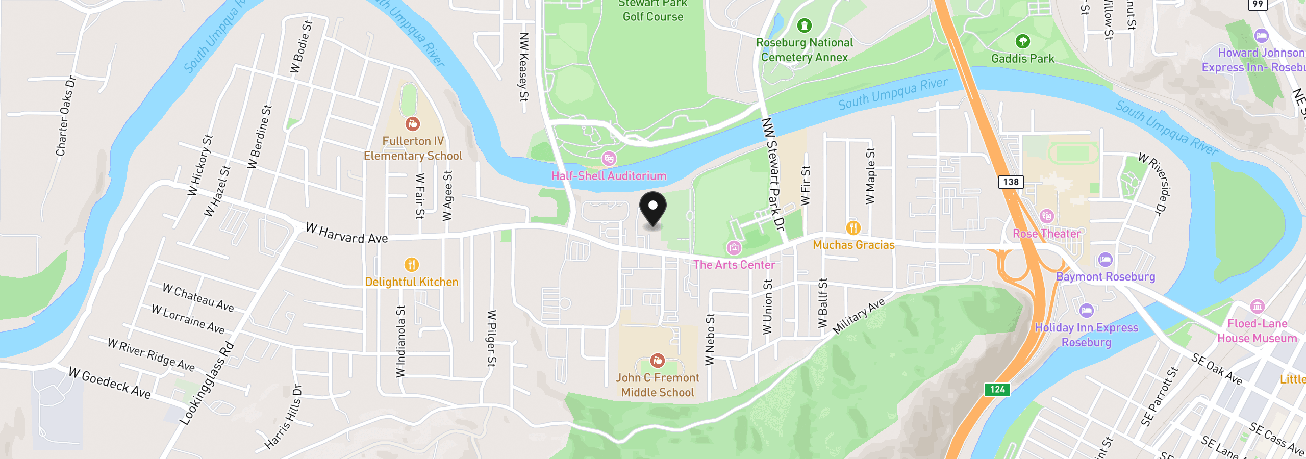 Map showing the location of 1802 W Harvard Ave, Roseburg, OR 97471