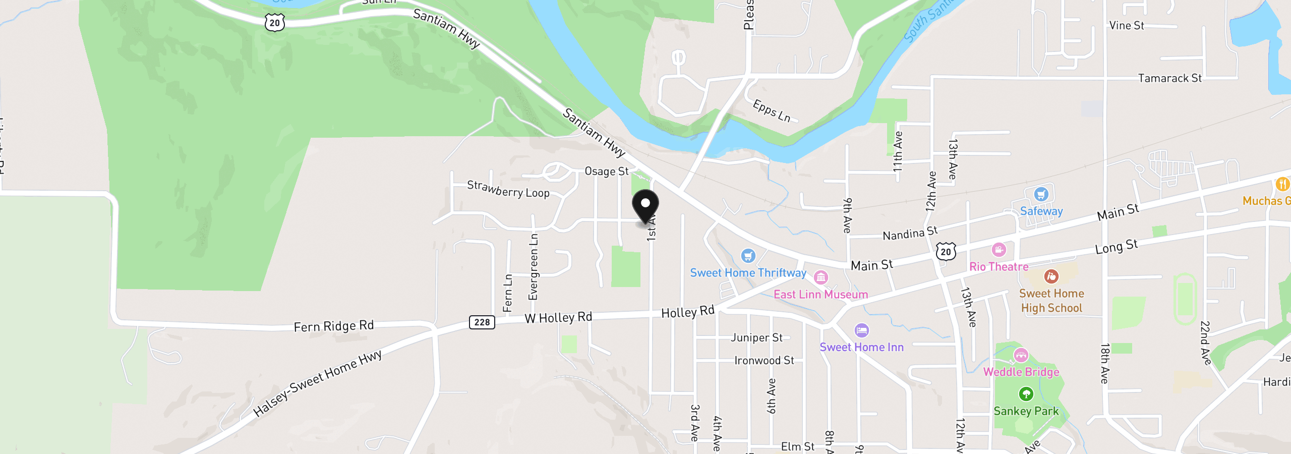 Map showing the location of 21 Nandina St, Sweet Home, OR 97386
