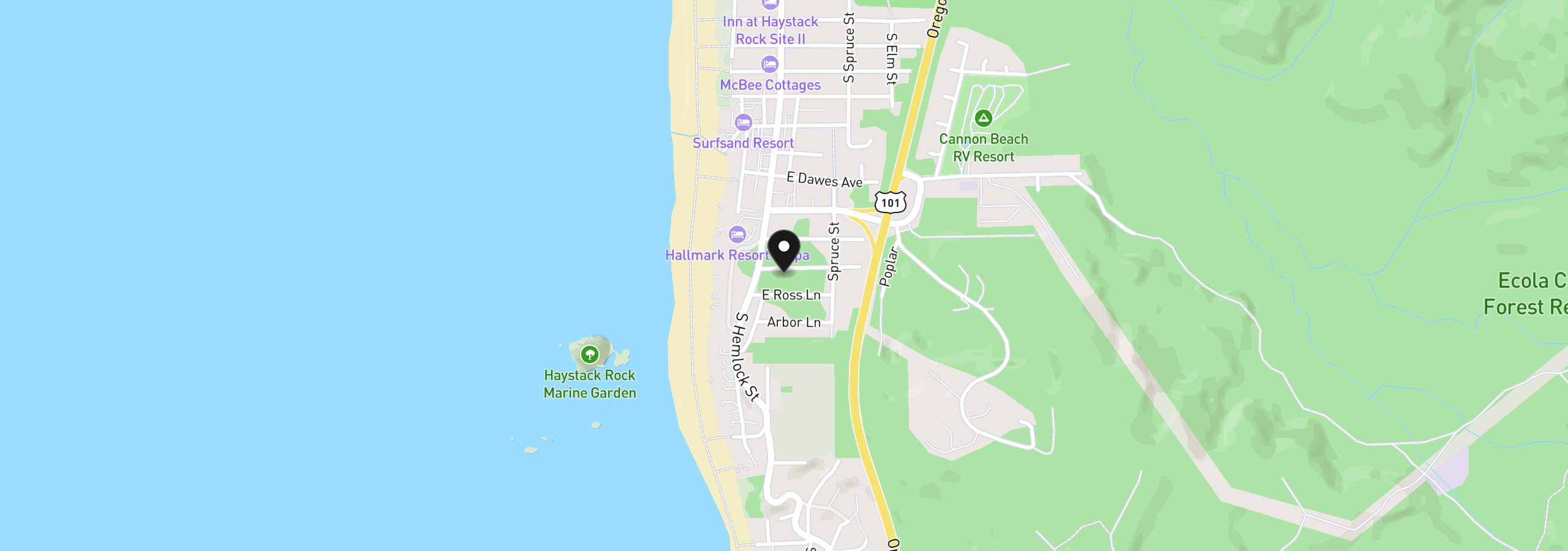 Map showing the location of 131 Hills Ln, Cannon Beach, OR 97110