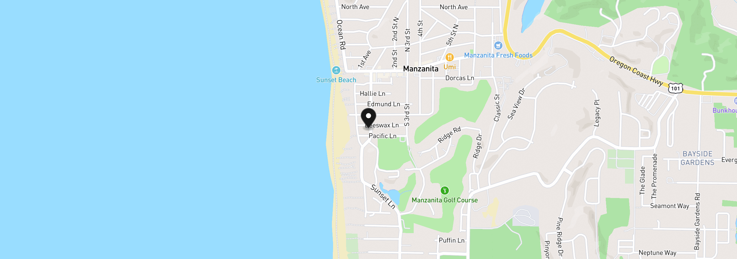 Map showing the location of 96 Beeswax Ln, Manzanita, OR 97130