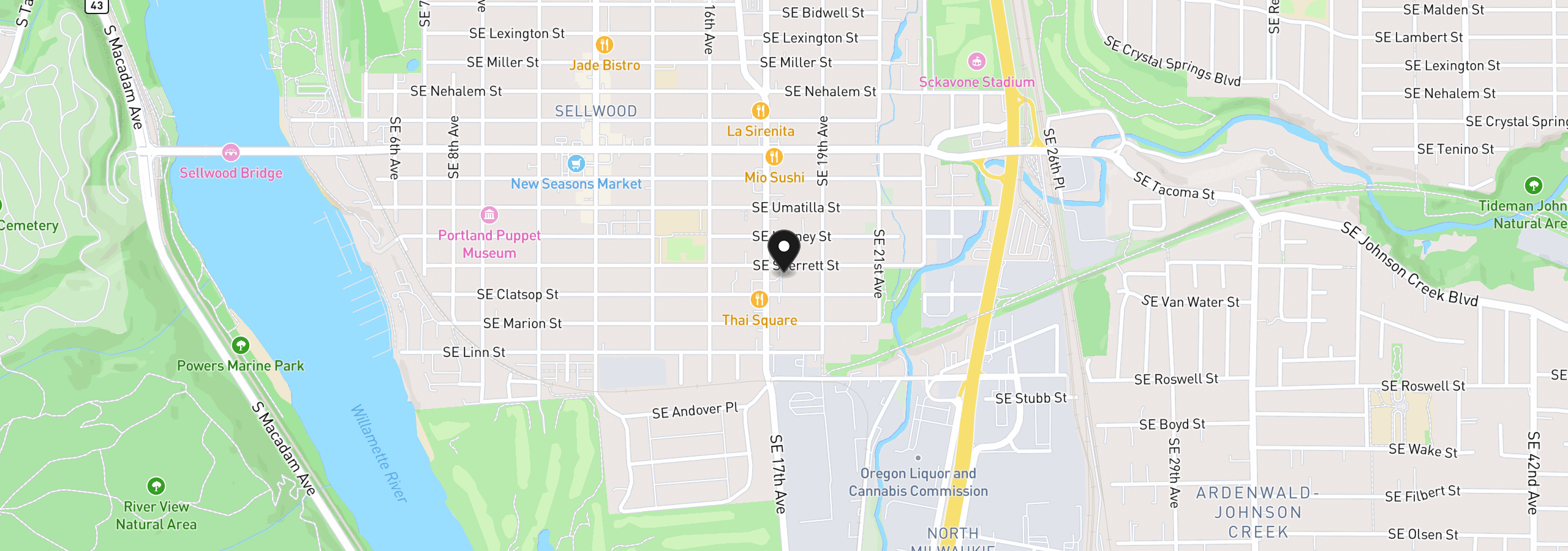 Map showing the location of 1726 SE Sherrett St, Portland, OR 97202