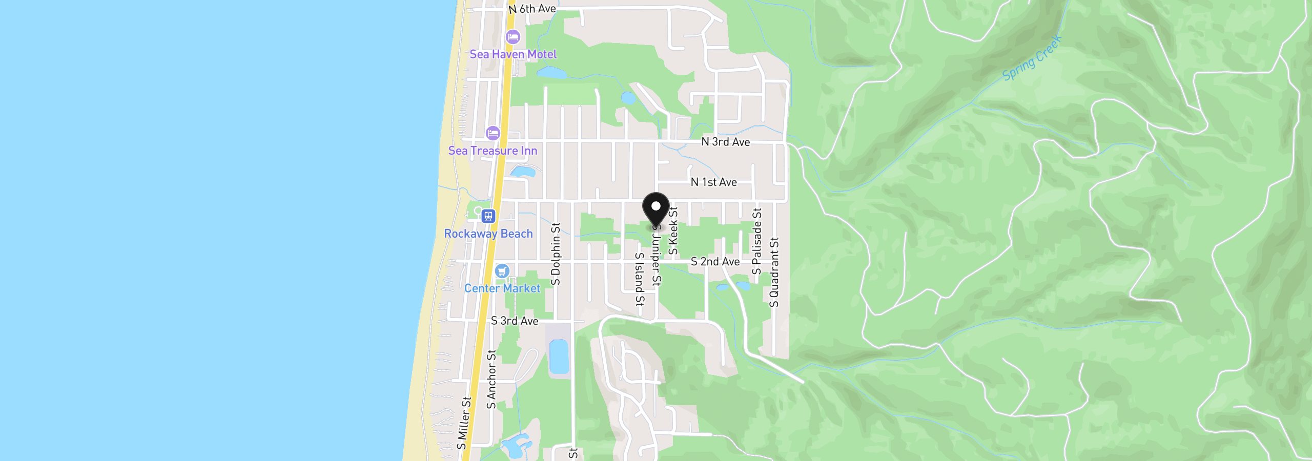 Map showing the location of Juniper St, Rockaway Beach, OR 97136