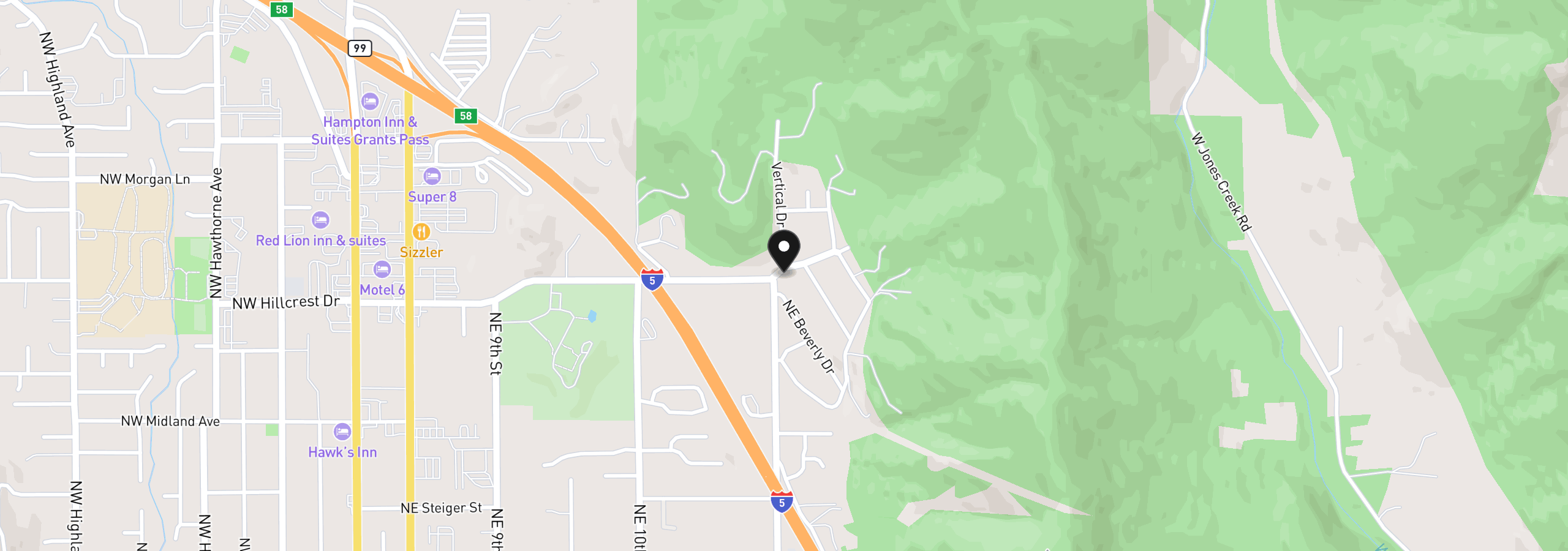 Map showing the location of 1499 NE Hillcrest Dr, Grants Pass, OR 97526