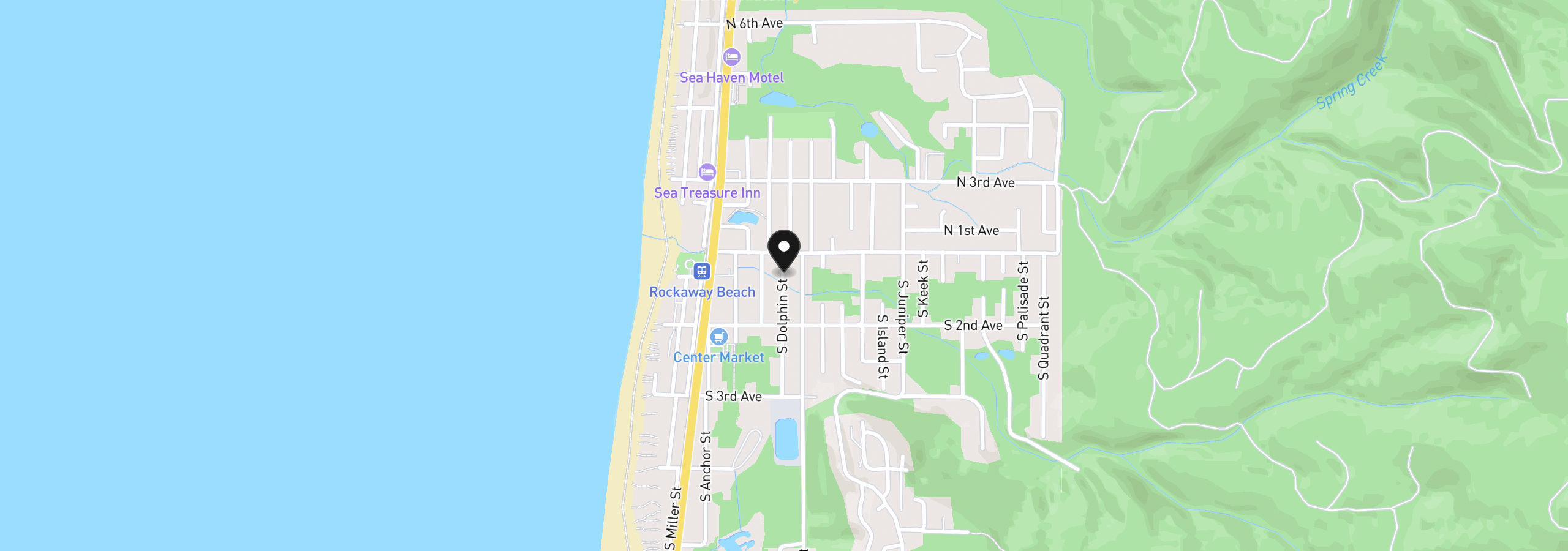 Map showing the location of 132 S Dolphin St, Rockaway Beach, OR 97136