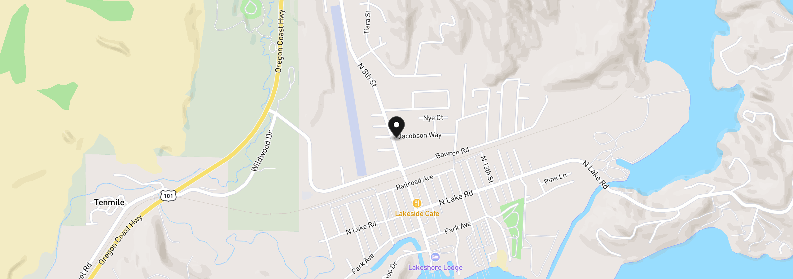 Map showing the location of 805 Jacobson Way, Lakeside, OR 97449