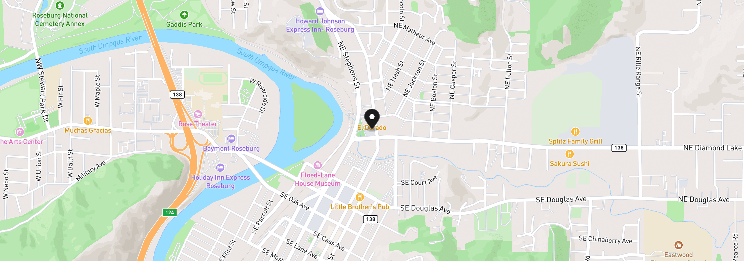 Map showing the location of 328 NE Winchester St, Roseburg, OR 97470