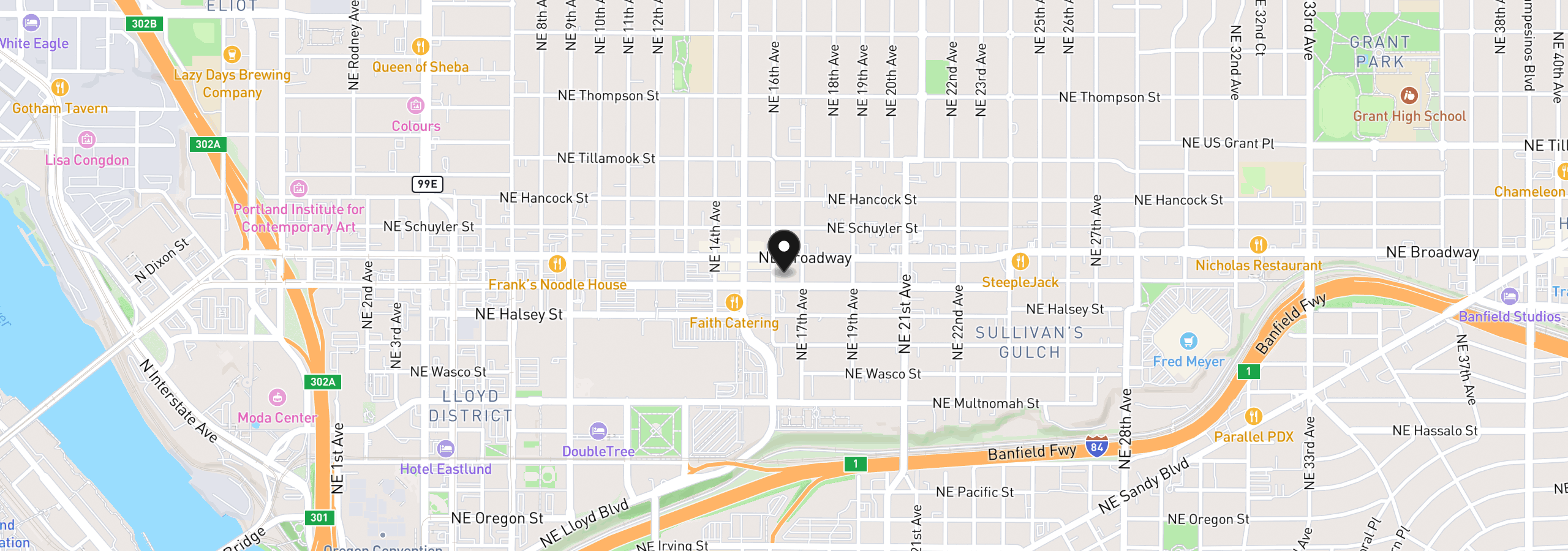 Map showing the location of 1620 NE Broadway St 206, Portland, OR 97232