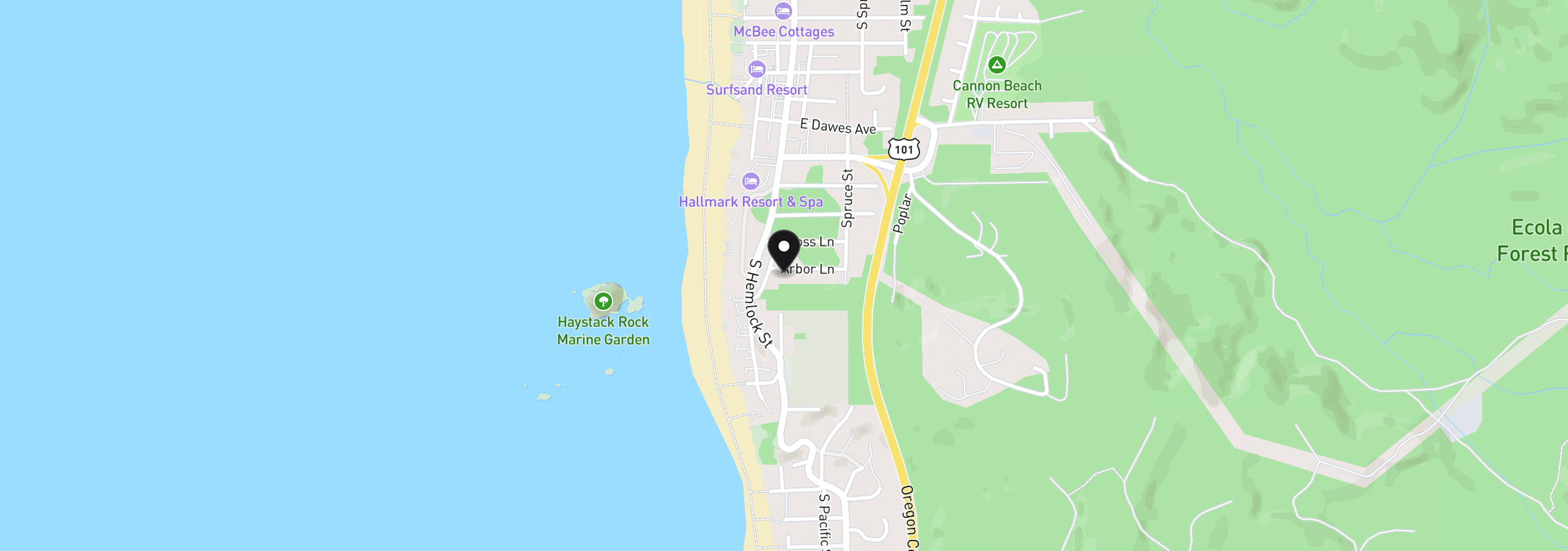Map showing the location of 115 Arbor Ln, Cannon Beach, OR 97110