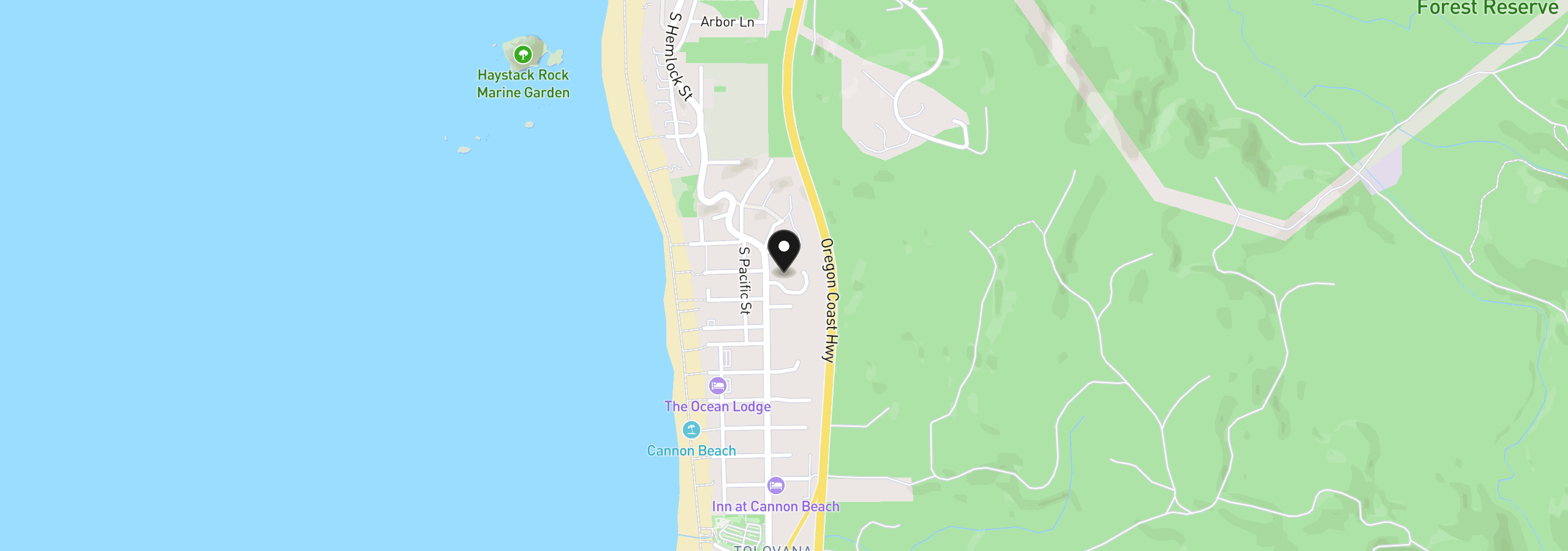 Map showing the location of 136 Amber Ln, Cannon Beach, OR 97110