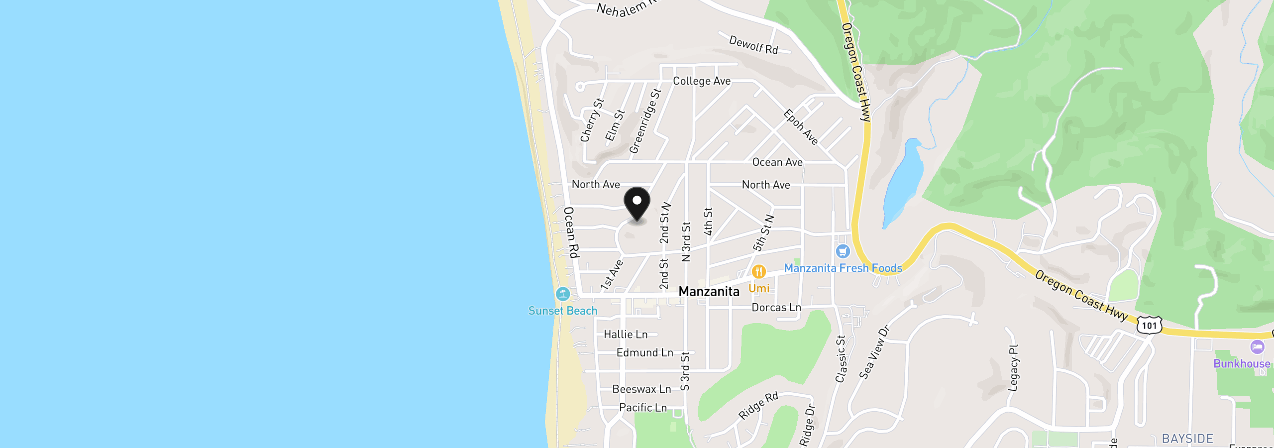 Map showing the location of 404 First St, Manzanita, OR 97130