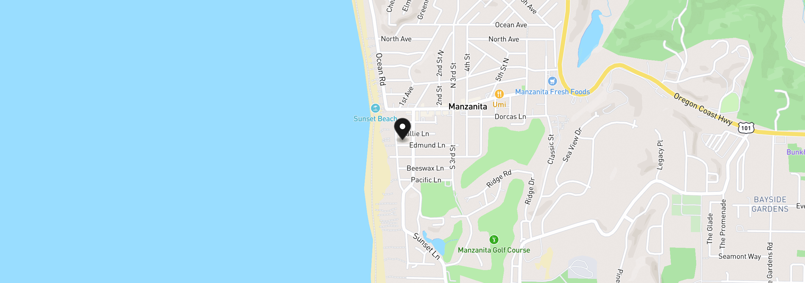 Map showing the location of 33 Edmund Ln, Manzanita, OR 97130