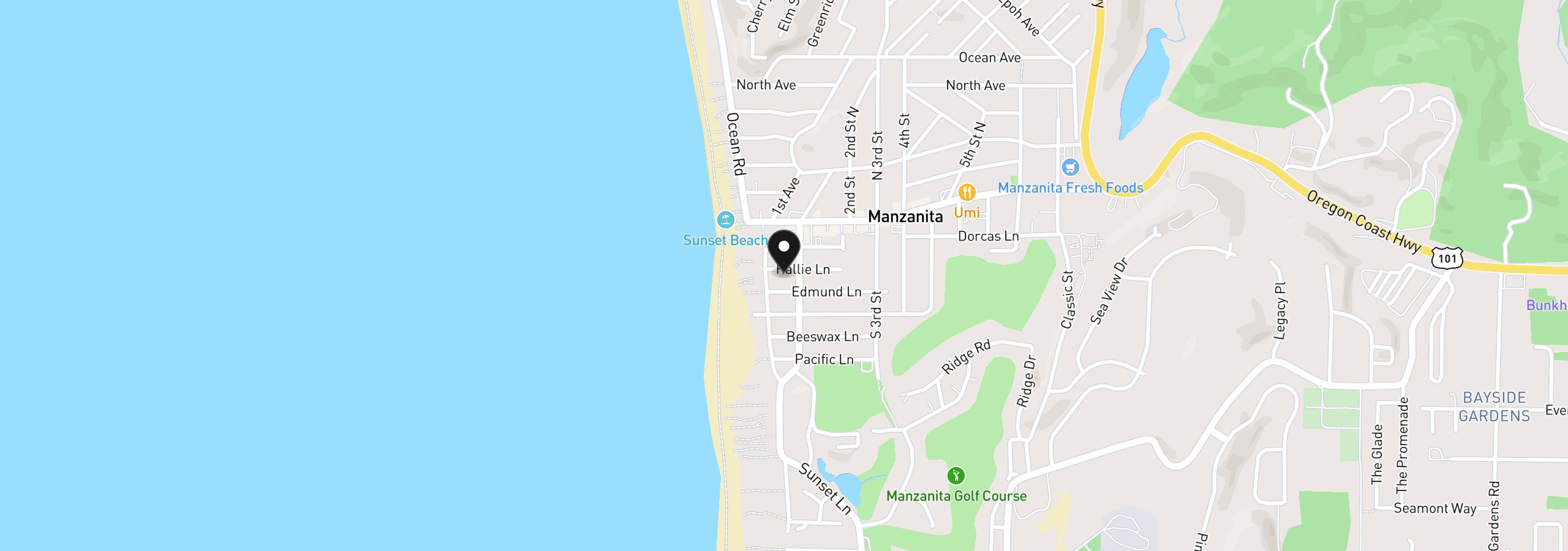 Map showing the location of 54 Hallie Ln, Manzanita, OR 97130