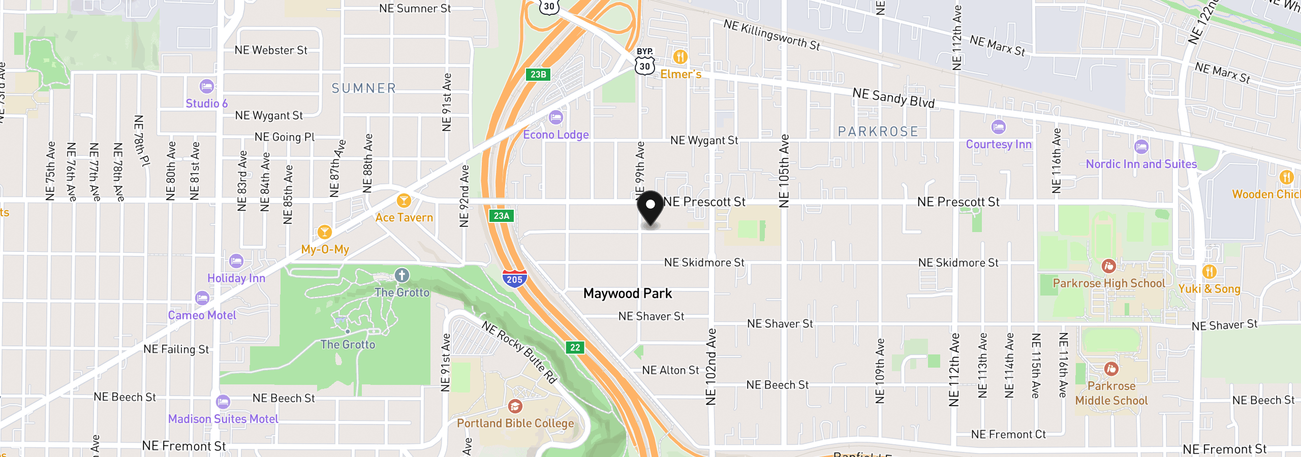 Map showing the location of 9917 NE Campaign St, Portland, OR 97220