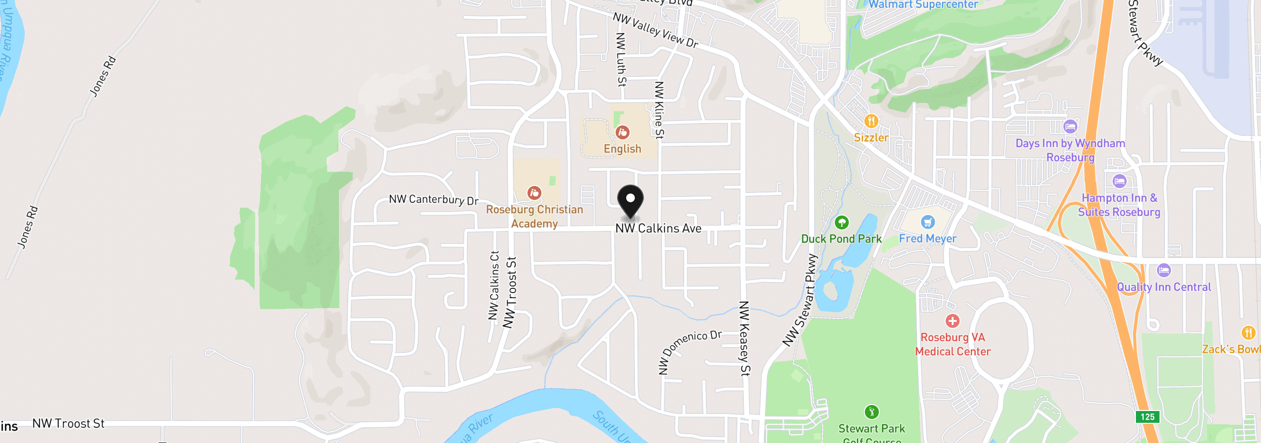 Map showing the location of 1612 NW Wanell St, Roseburg, OR 97471