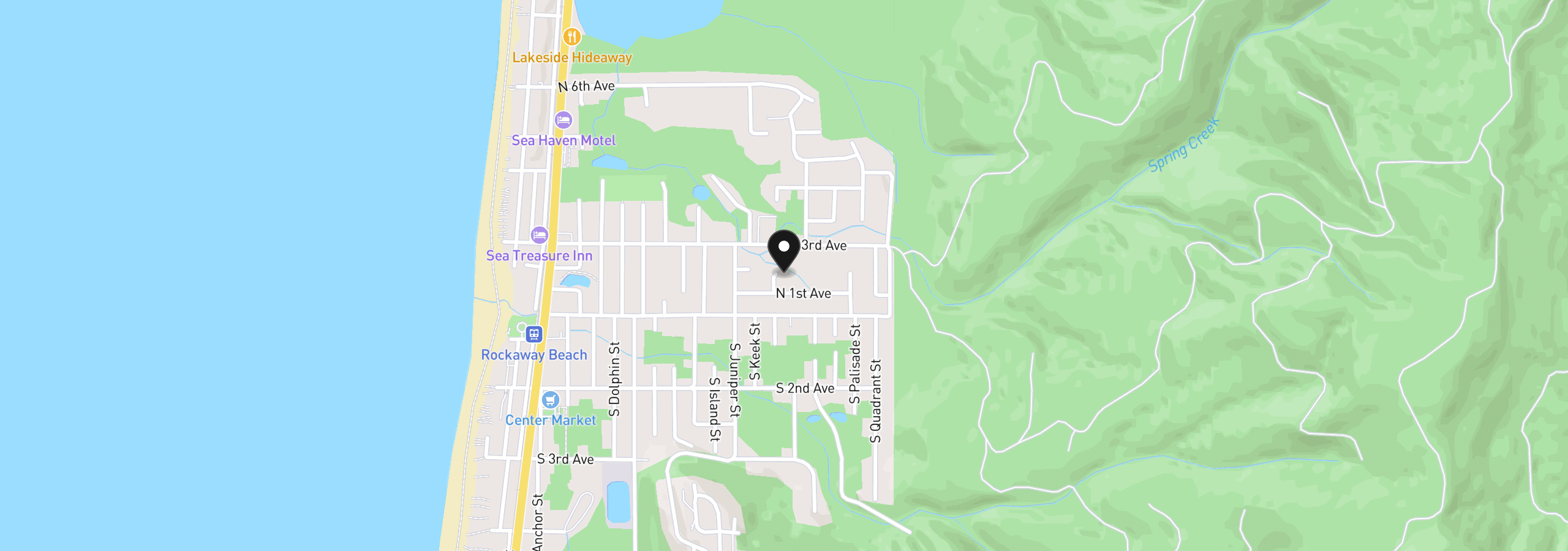 Map showing the location of 142 N Lagoon Ct, Rockaway Beach, OR 97136