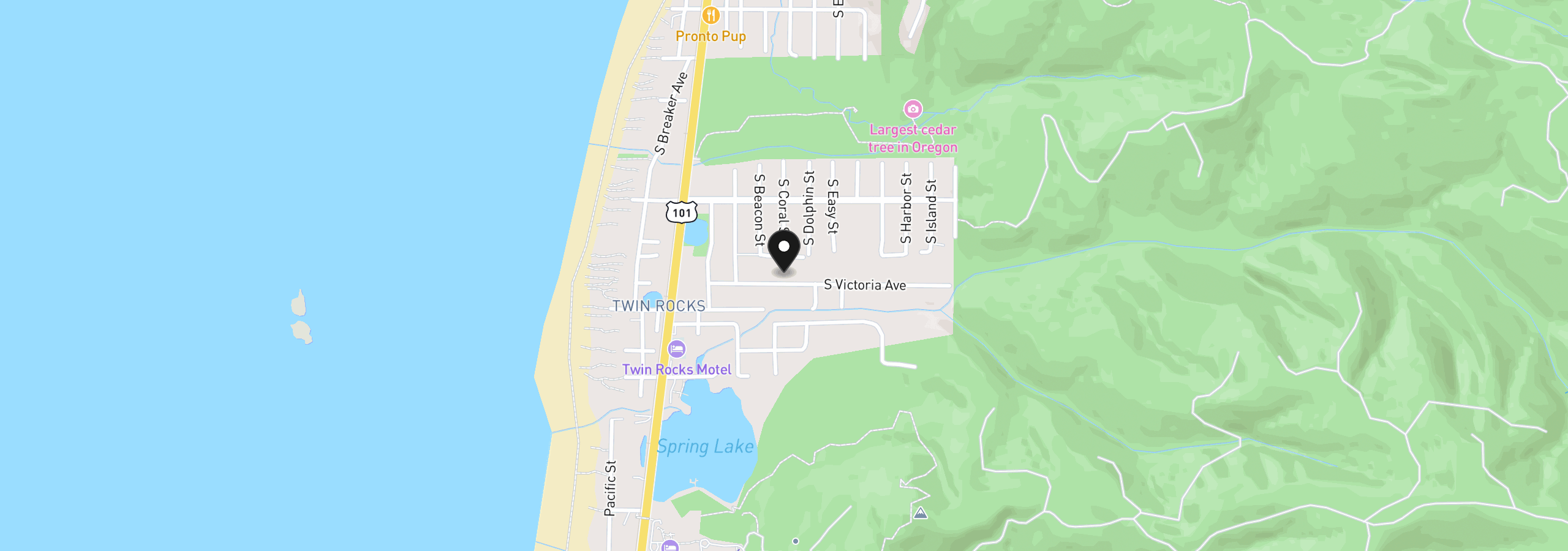 Map showing the location of 8370 Victoria St, Rockaway Beach, OR 97136