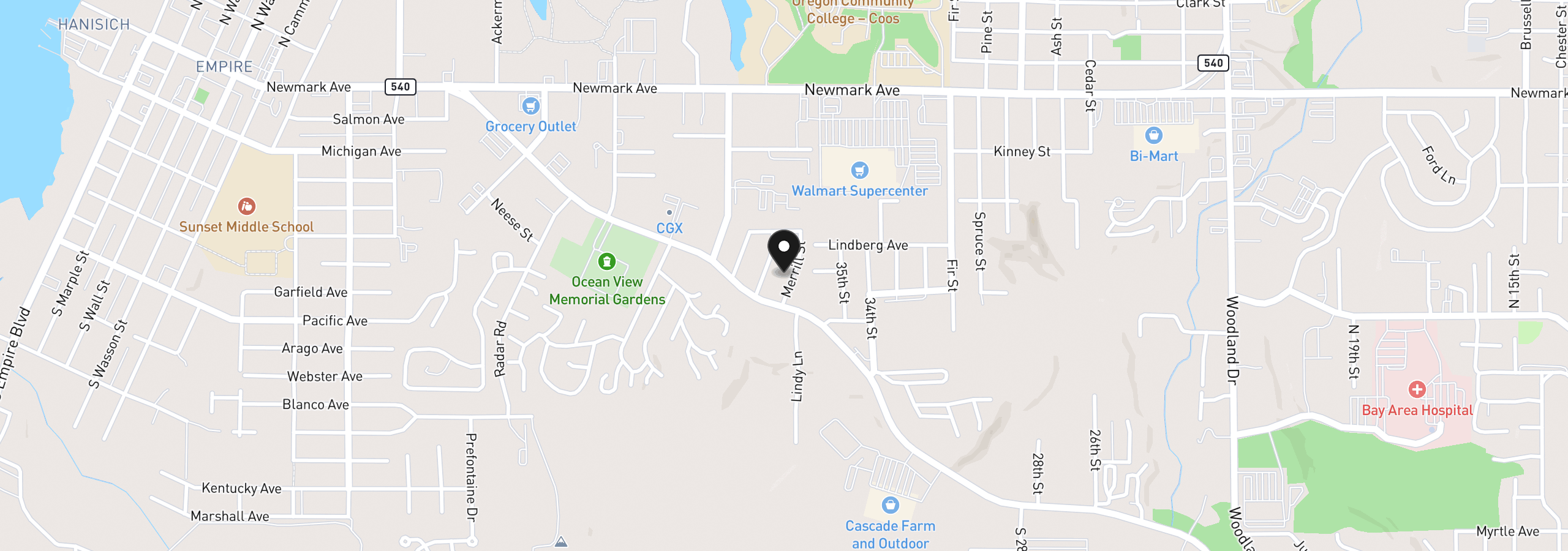 Map showing the location of 454 Merrill St, Coos Bay, OR 97420