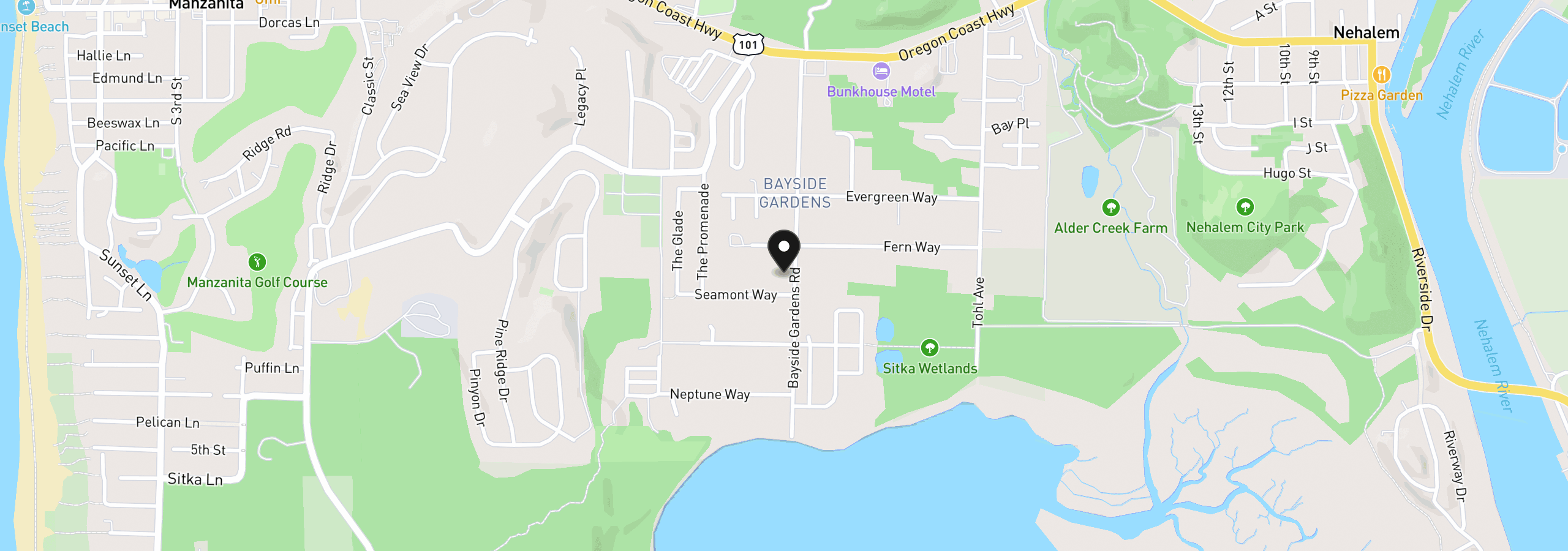 Map showing the location of 35050 Bayside Gardens Rd, Nehalem, OR 97131