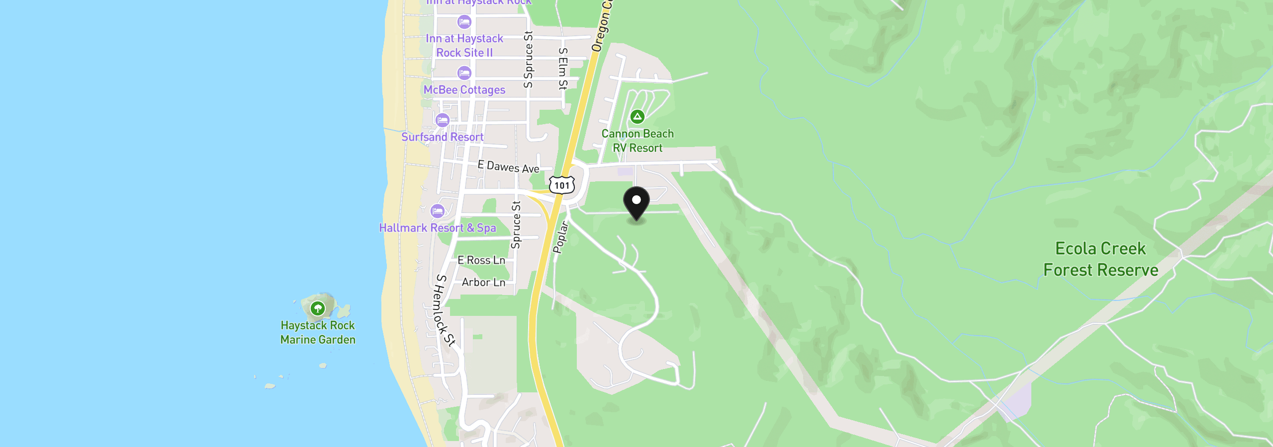 Map showing the location of Reservoir Rd 301, Cannon Beach, OR 97110