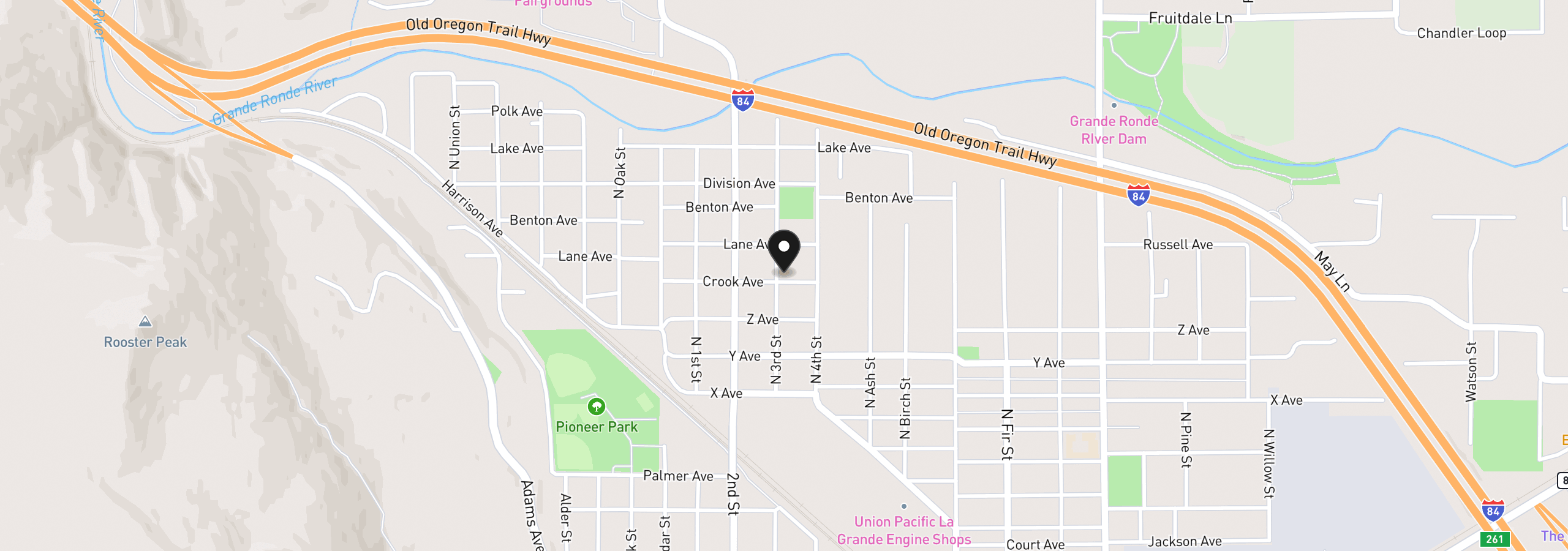 Map showing the location of 2801 N 3rd St, La Grande, OR 97850