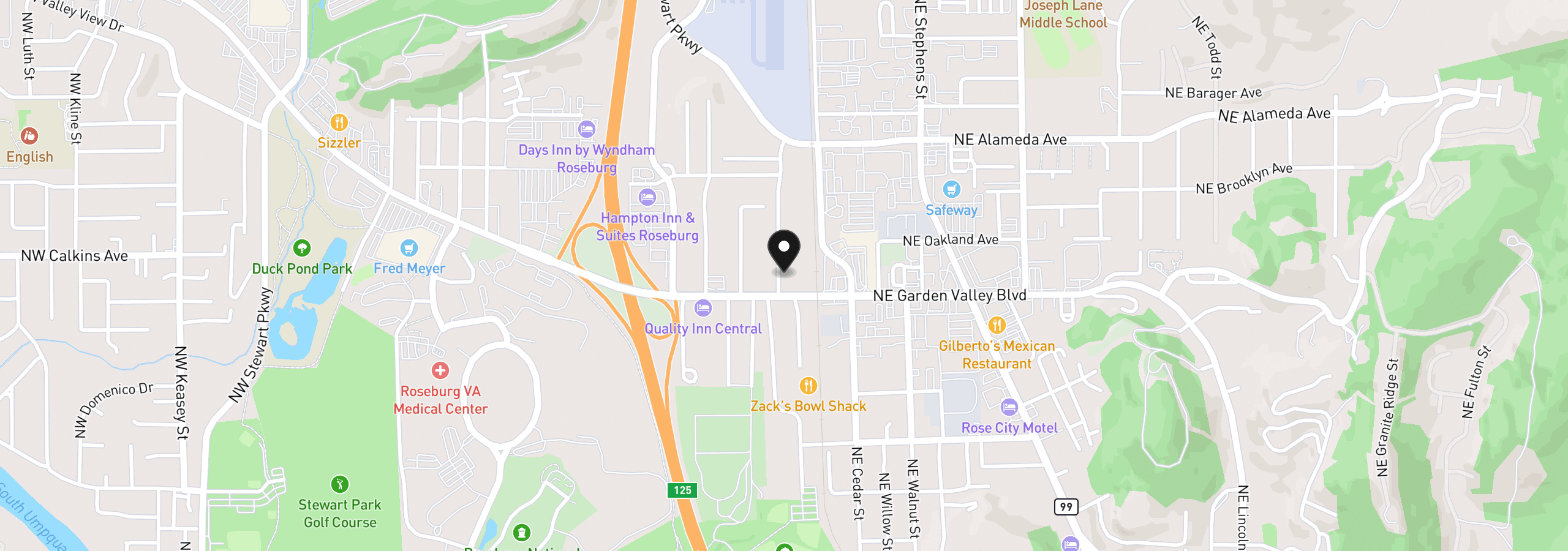Map showing the location of 1443 NW Fairmount St, Roseburg, OR 97470