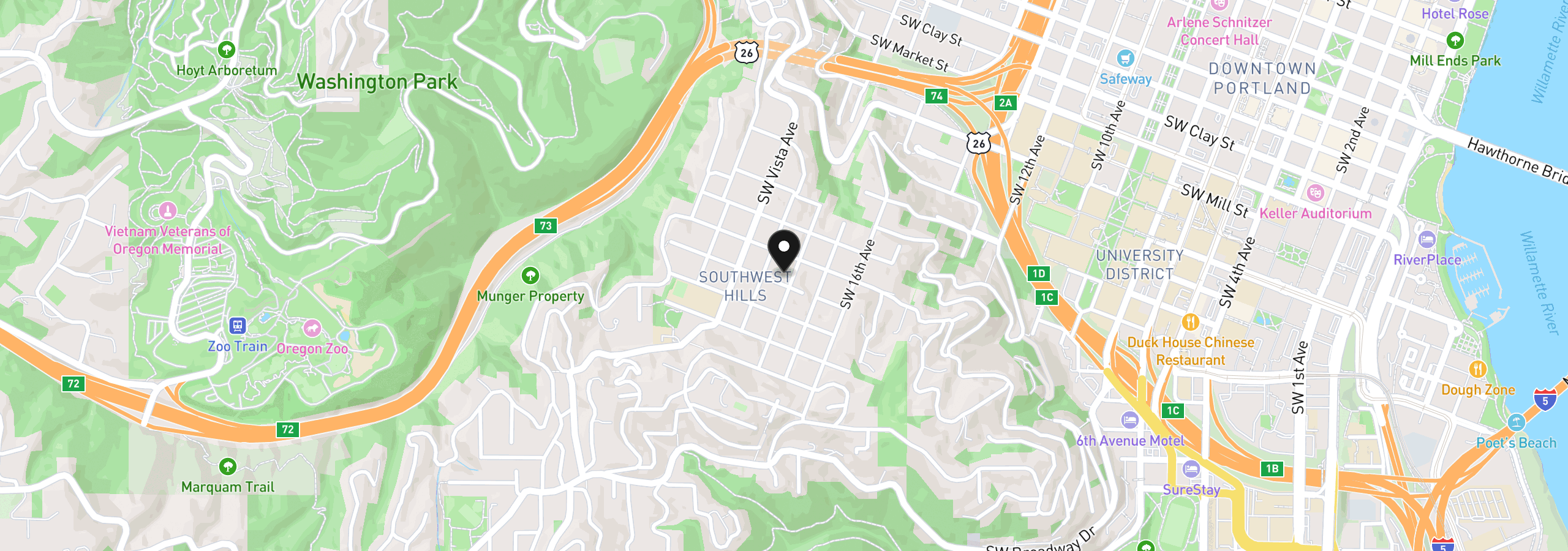 Map showing the location of 2233 SW 18th Ave, Portland, OR 97201