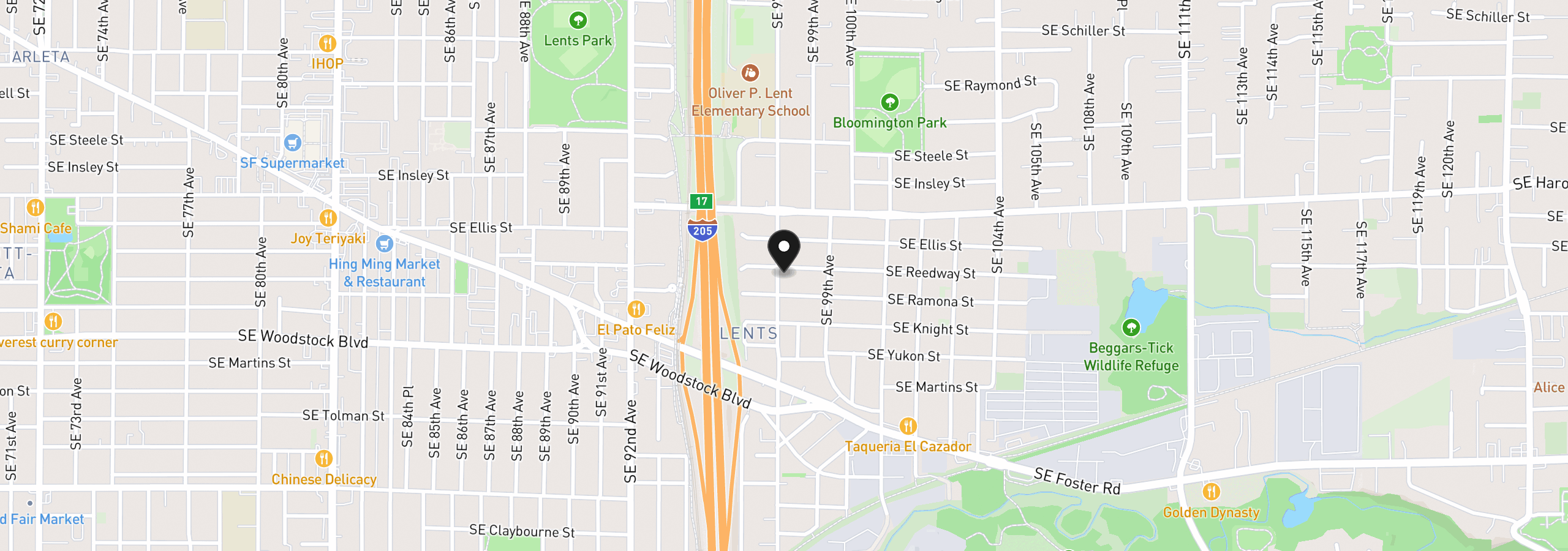 Map showing the location of 9704 SE Reedway St, Portland, OR 97266