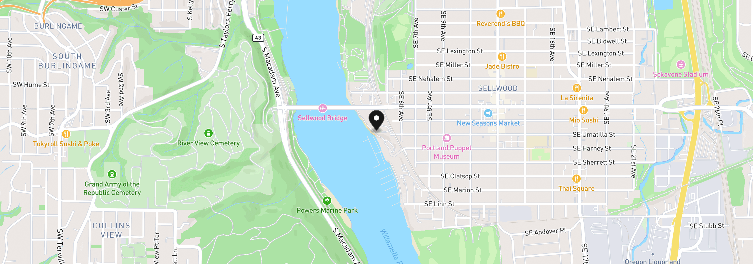Map showing the location of 318 SE Spokane St 3, Portland, OR 97202