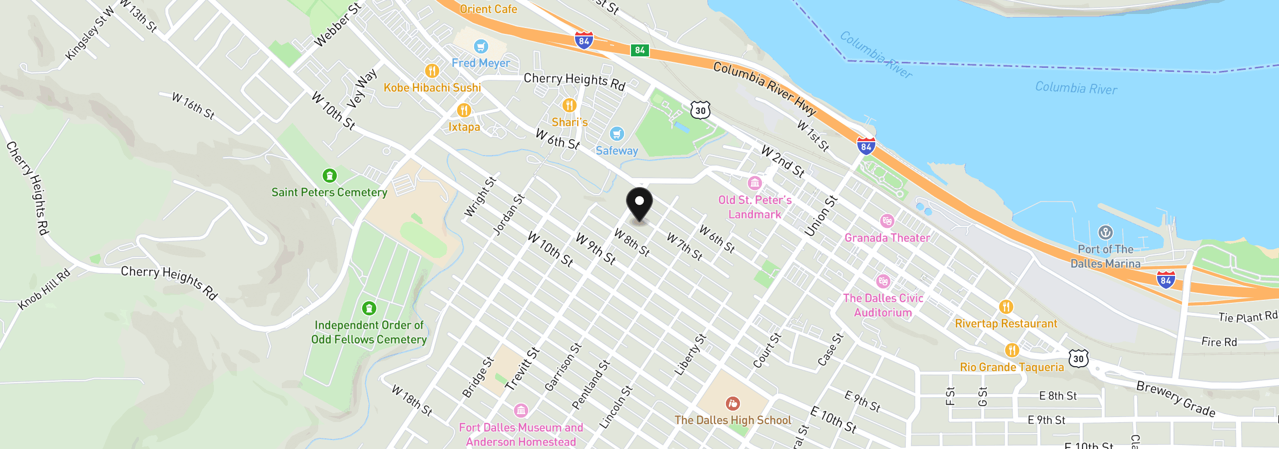 Map showing the location of 510 W 7th St, The Dalles, OR 97058
