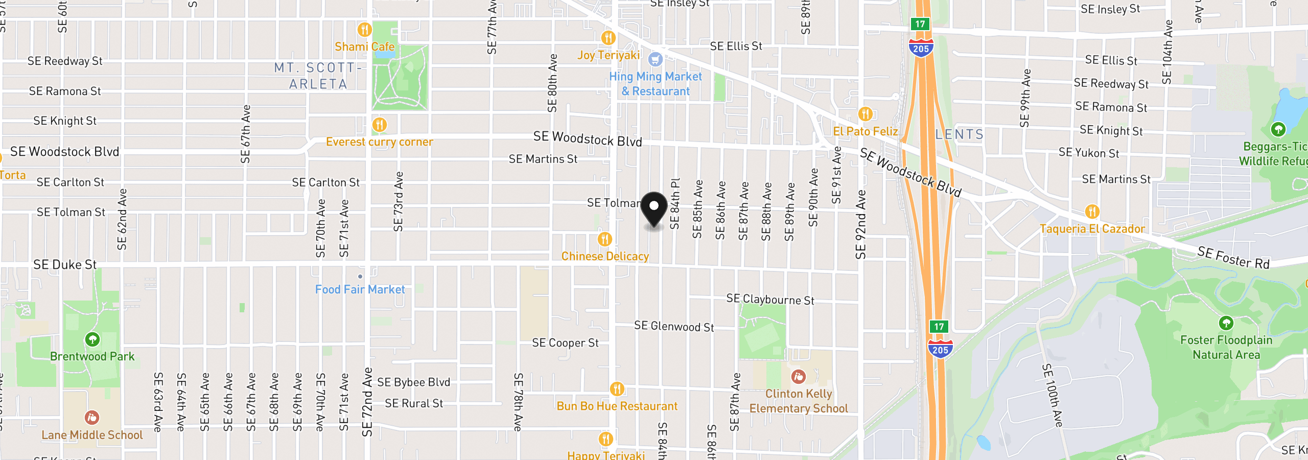 Map showing the location of 6371 SE 84th Ave, Portland, OR 97266