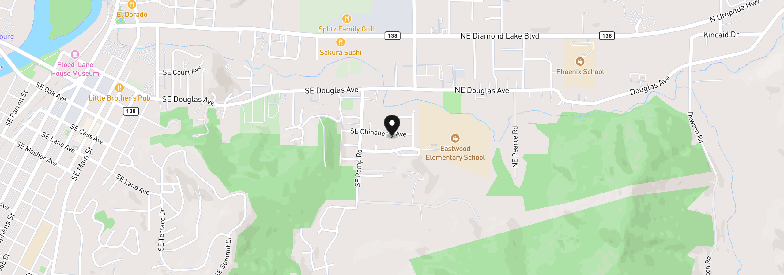 Map showing the location of 2409 SE Chinaberry Ave, Roseburg, OR 97470