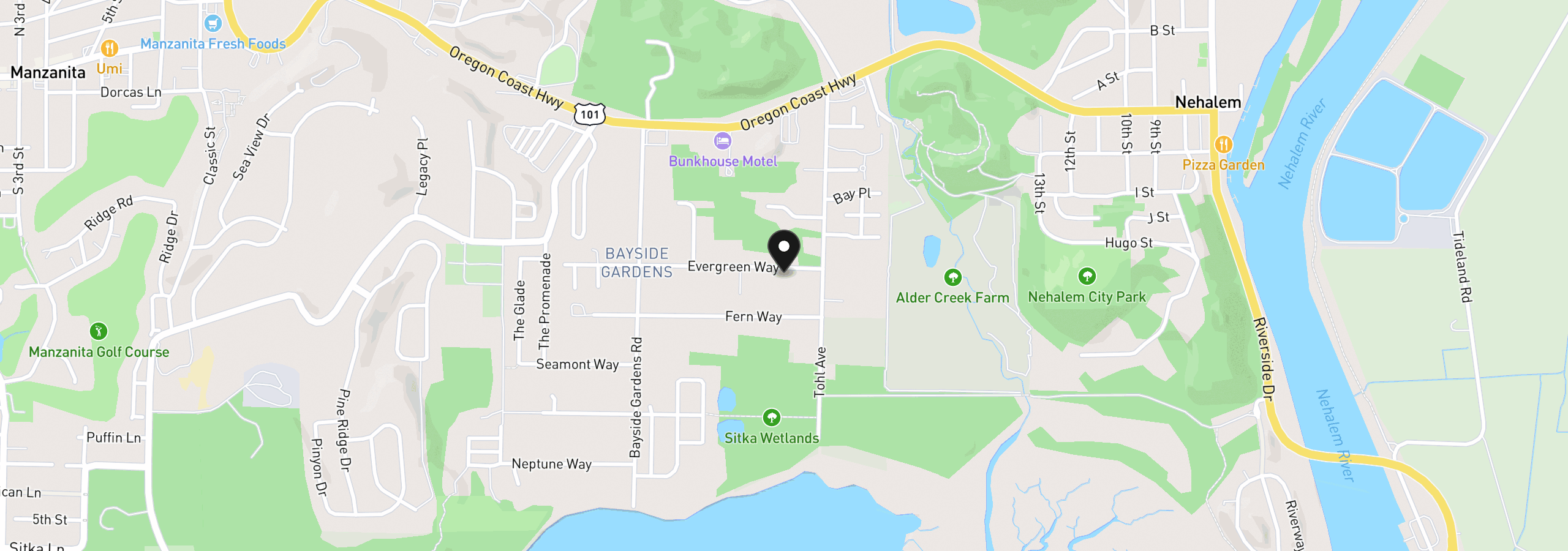 Map showing the location of 11445 Evergreen Way, Nehalem, OR 97131