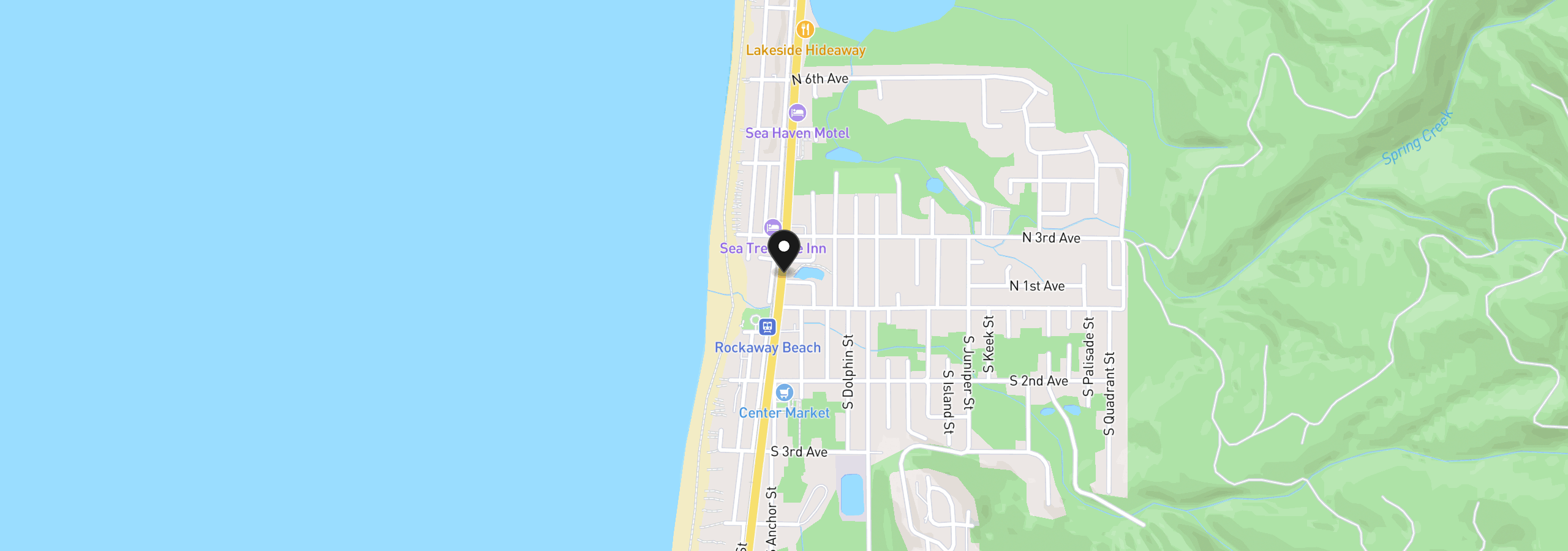 Map showing the location of Hwy 101, Rockaway Beach, OR 97136