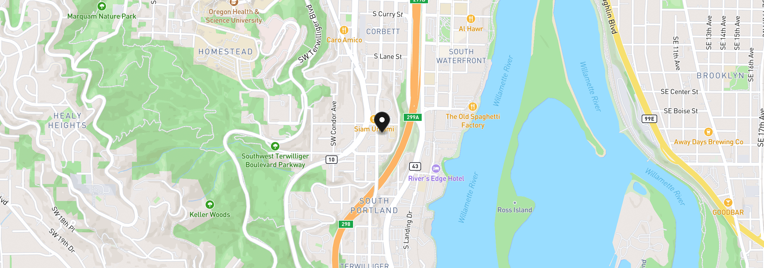 Map showing the location of 4320 S Corbett Ave 302, Portland, OR 97239