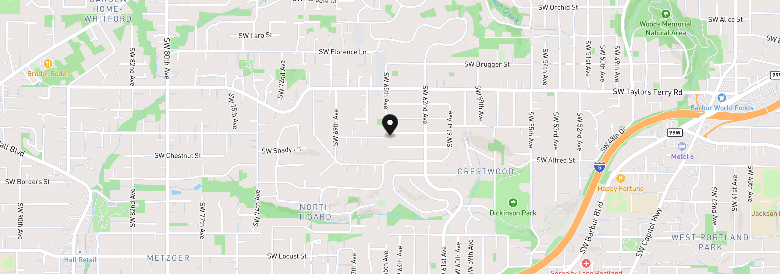 Map showing the location of 6440 SW Huber St, Portland, OR 97219