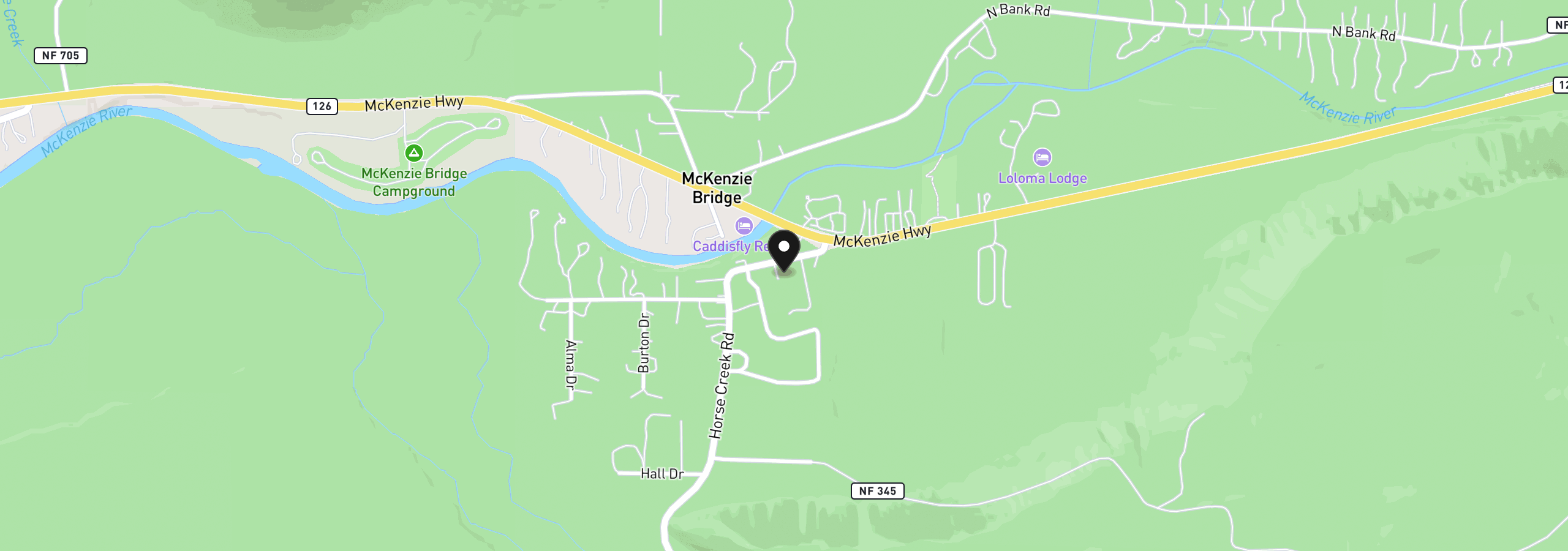 Map showing the location of 91793 Horse Creek Rd, McKenzie Bridge, OR 97413