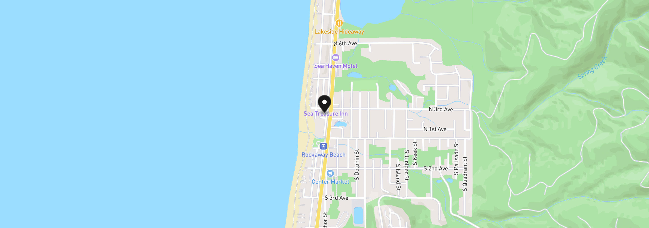 Map showing the location of 215 N Miller St, Rockaway Beach, OR 97136