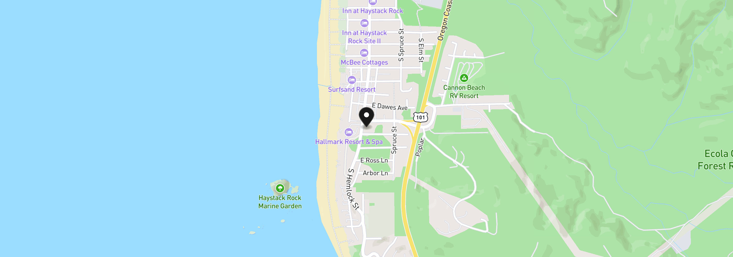 Map showing the location of 1457 S Hemlock St, Cannon Beach, OR 97110