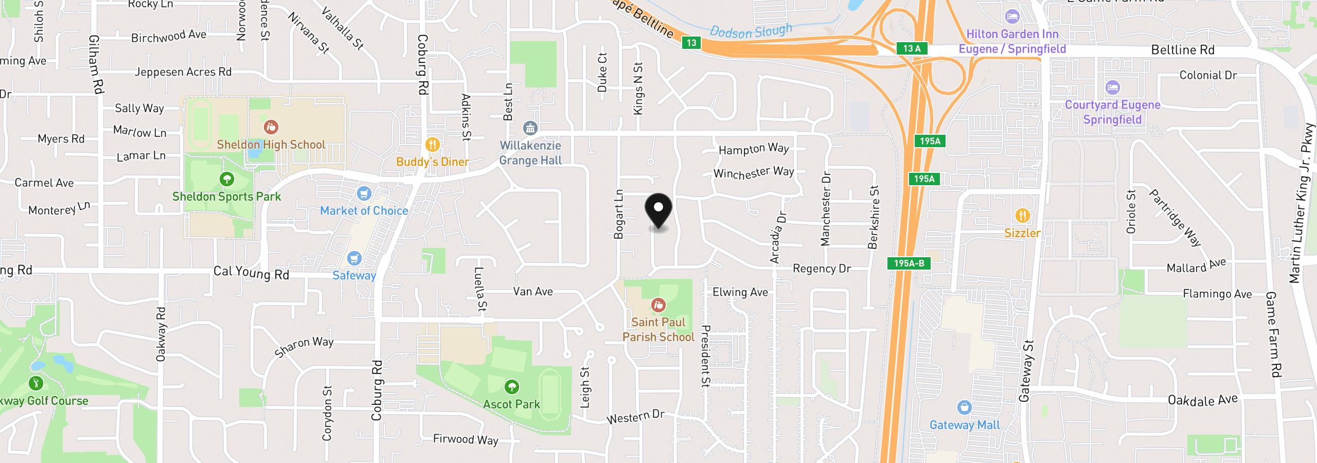 Map showing the location of 1387 Barrington Ave, Eugene, OR 97401