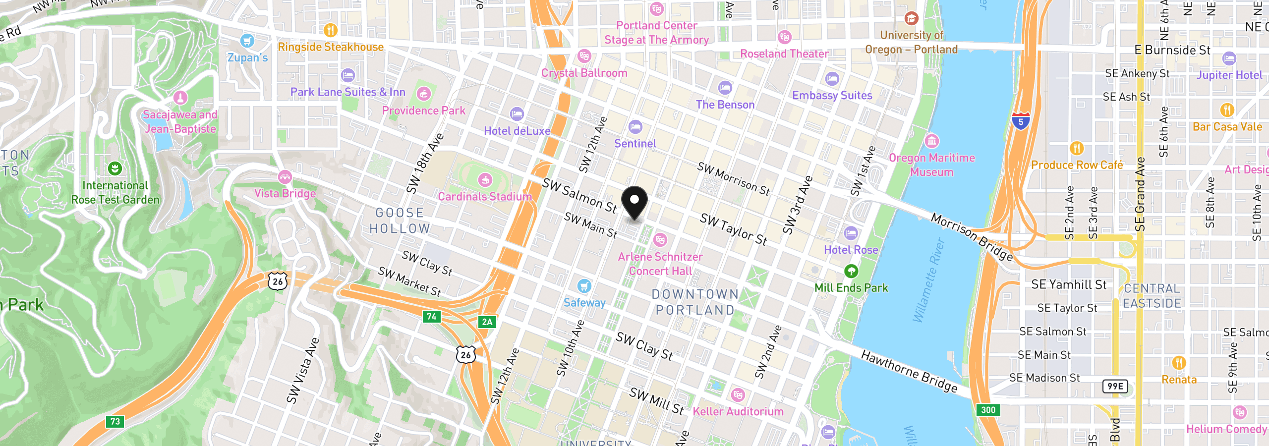 Map showing the location of 1005 SW Park Ave 501, Portland, OR 97205
