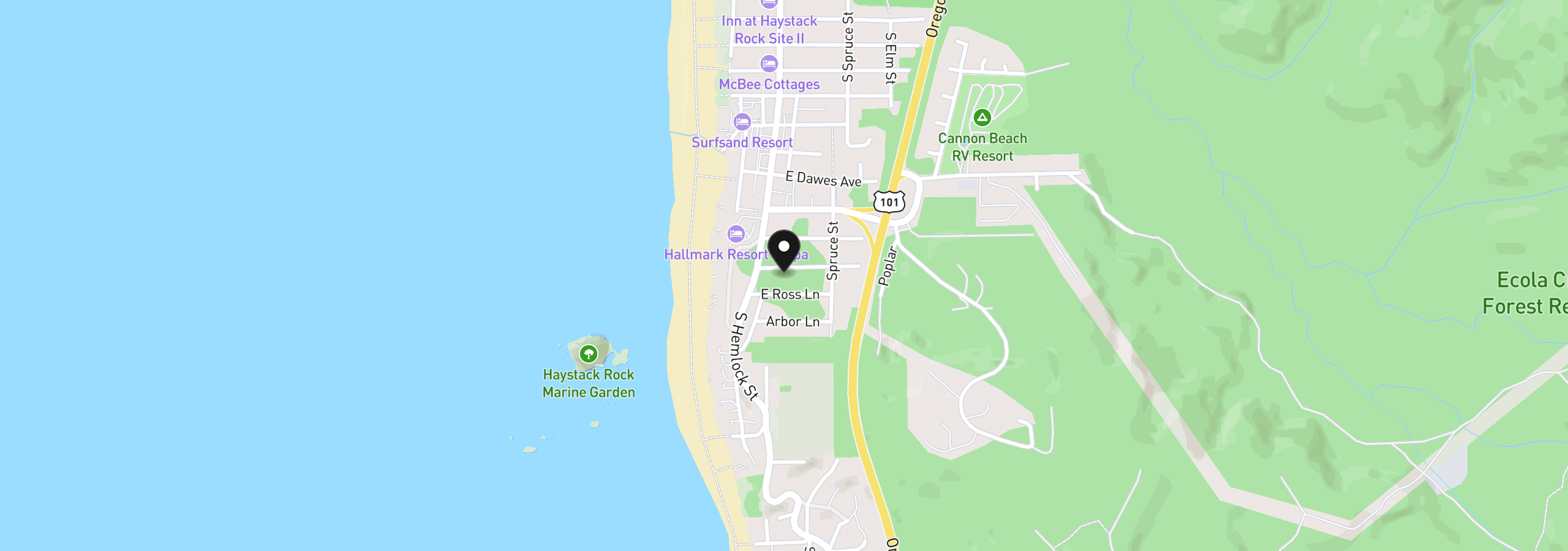 Map showing the location of 131 Hills Ln, Cannon Beach, OR 97110