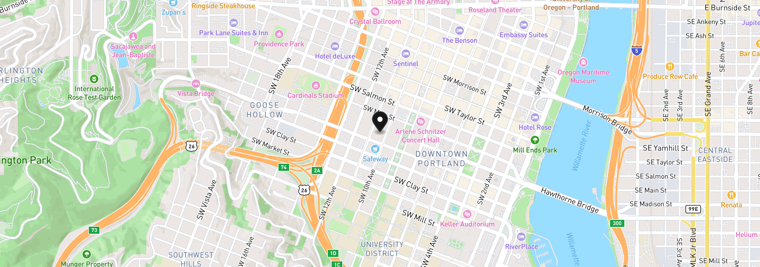 Map showing the location of 1221 SW 10th Ave 219, Portland, OR 97205