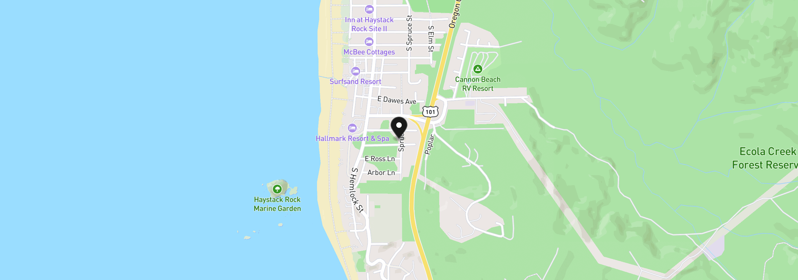 Map showing the location of W of 196 Hills Ln Lot22, Cannon Beach, OR 97110